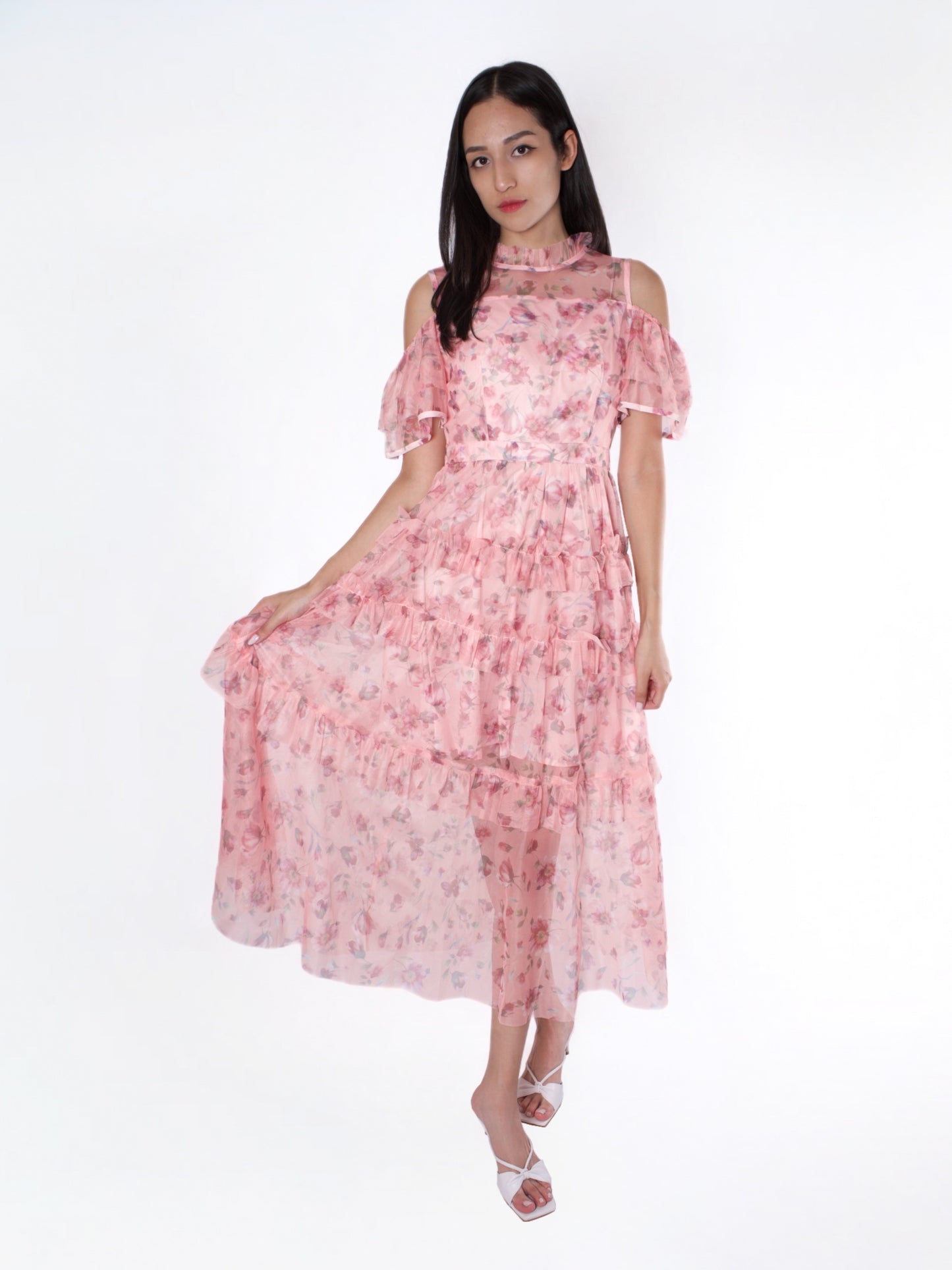 Vestido floral rosa maxi mangas cortas Laila